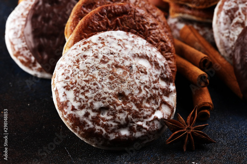 Typical German Gingerbreads such as Lebkuchen and Aachener Printen on rustic