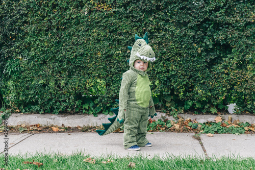 Toddler standing on the sidewalk in a dinosaur costume photo