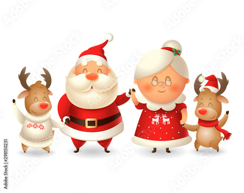 Santa Calus his wife Mrs Claus and two Reindeer celebrate winter holidays - vector illustration isolated on transparent background