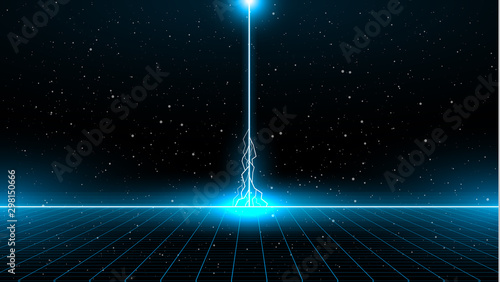Retrowave sci-fi bright blue laser perspective grid with lightning strike from above on horizon on starry space background. Retrofuturistic cyber laser landscape.