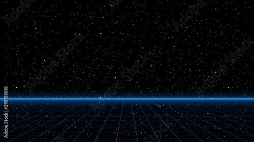 Retrowave blue laser perspective grid with bright horizon line on starry space background. Retrofuturistic cyber landscape illustration in the style of 1980s.