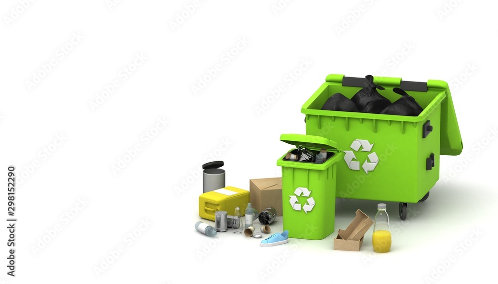 Obraz premium Recycling concept. 3D render. Garbage container. Enviroment polution. Trash. Earth protection. Recycle dumpster. Waste management concept. Different types of trash.