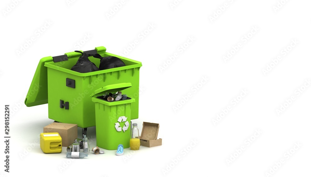 Recycling concept. 3D render. Garbage container. Enviroment polution. Trash. Earth protection. Recycle dumpster. Waste management concept. Different types of trash. Recycling concept. 3D render. Garbage container. Enviroment polution. Trash. Earth protection. Recycle dumpster. Waste management concept. Different types of trash.