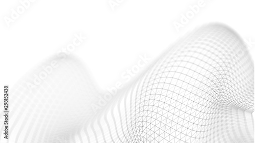 Wave of particles on white background. Network connection dots and lines. Digital background. 3d rendering.