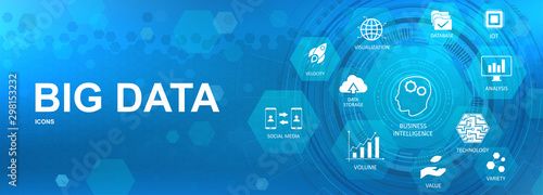 Big data info banner with icons, сoncept infographic in flat style. Big Data visualization (Social media, volume, value, data storage, velocity, database, iot, variety) Vector blue illustration