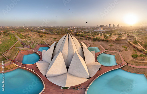 Aerial view of Lotus Temple with birds flying by, Delhi, India