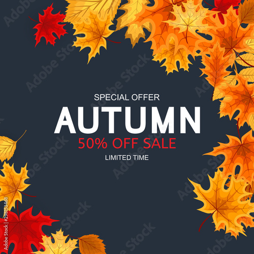 Abstract Vector Illustration Autumn Sale Background with Falling Autumn Leaves