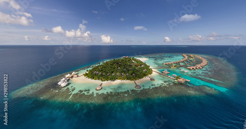Aerial view of luxurious resort at Maldives island.