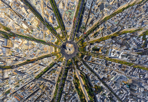 Aerial view above the arc de Triomphe, Paris, France.