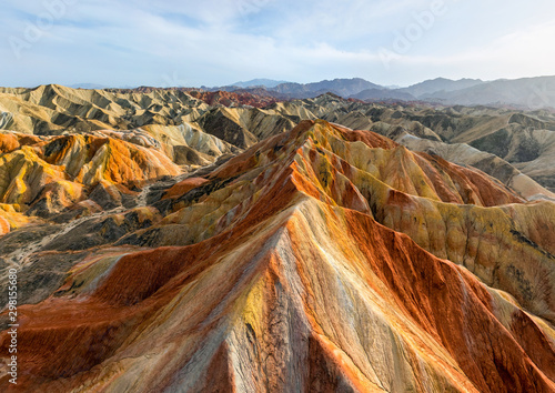 Aerial view of Colourful mountains of the Zhangye Danxia Geopark, China photo
