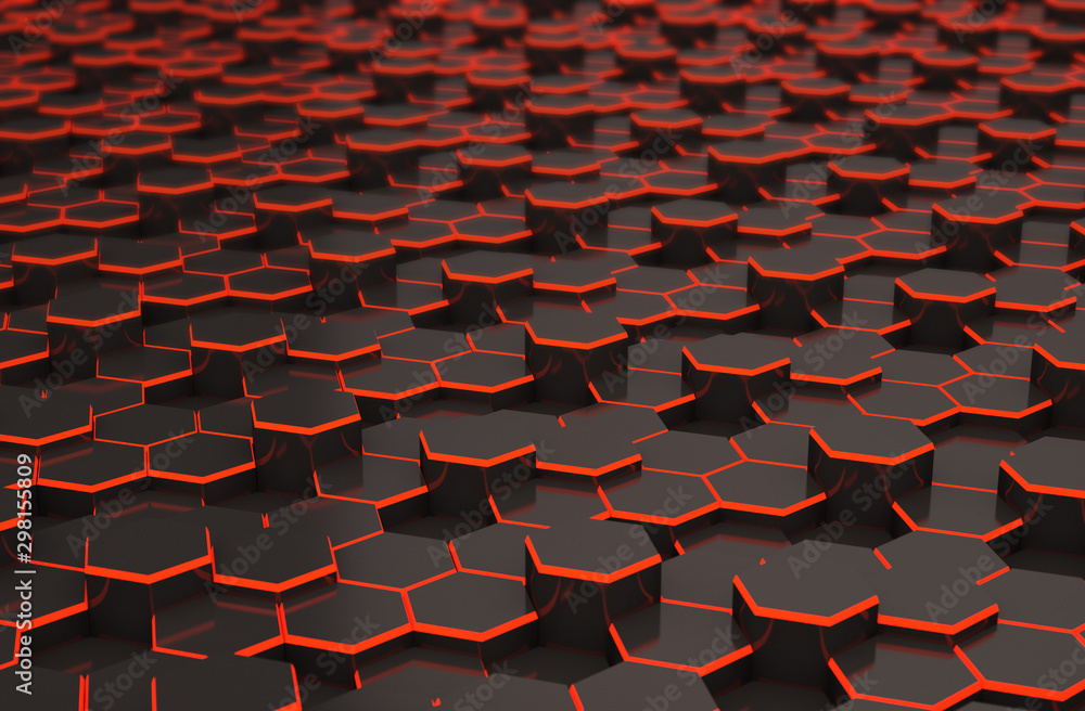 Obraz premium Abstract black hexagon background with red line. Colored hi-tech futuristic geometric pattern