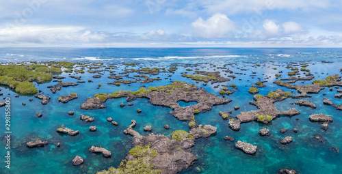 Aerial view of island archipelagos at Galapagos.