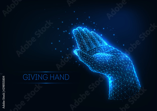 Futuristic glowing low polygonal giving human hand made of lines, stars, light particles.