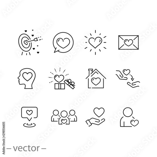 icons set of love community, charity care, hearting partnership, group responsibility, thin line web symbols on white background - editable stroke vector illustration eps10
