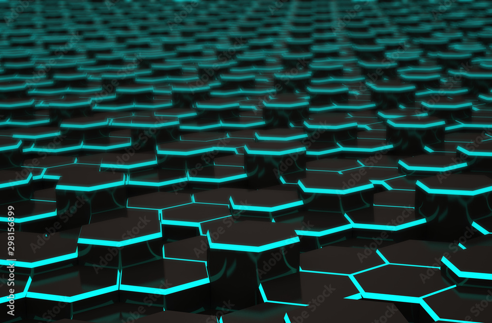 Fototapeta premium Abstract black hexagon background with blue line. Colored hi-tech futuristic geometric pattern