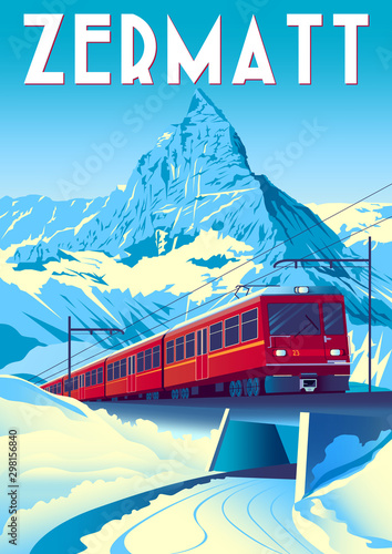 Zermatt Travel Poster with railway train in first plan and Matterhorn in the background.