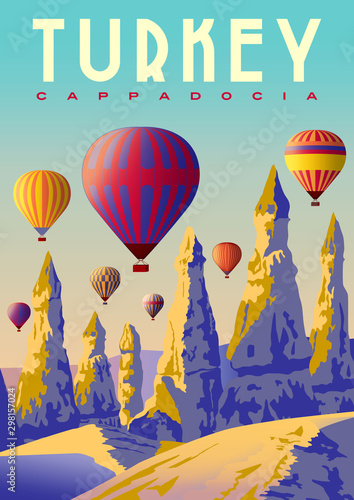 Hot air Balloons in the morning over the Love Valley in Cappadocia, Turkey.