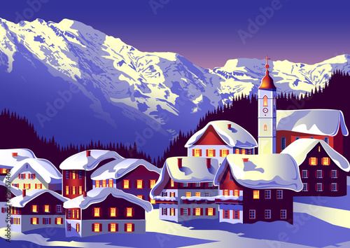 Winter rural landscape with a village under the snow in the foreground and forest and mountains in the background.
