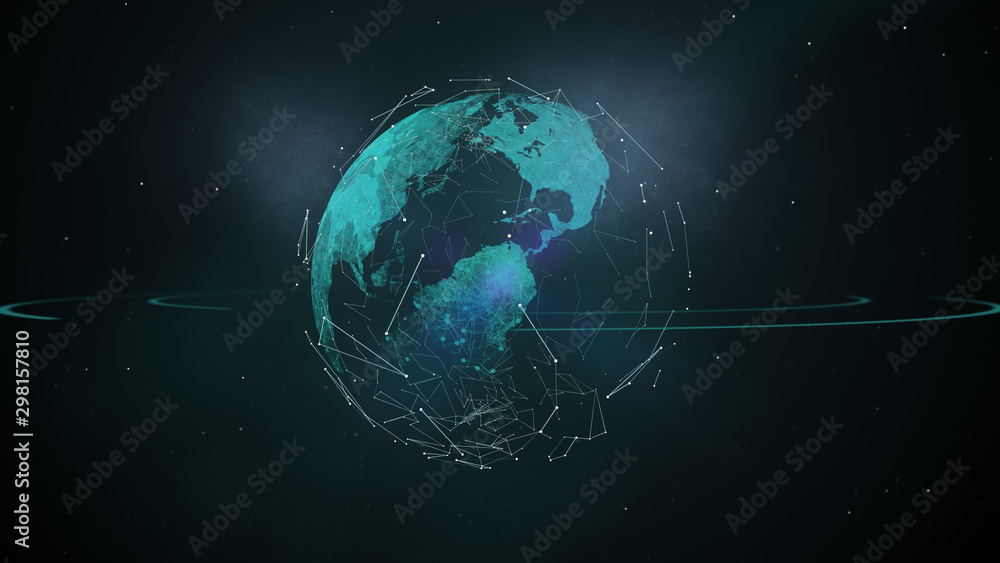 Earth and flight routes around the planet covered with nebula on dark space. Earth and flight routes around the planet covered with nebula on dark space.