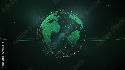 Planet Earth in outer space. Imaginary view of green glowing earth orbit in a star field.