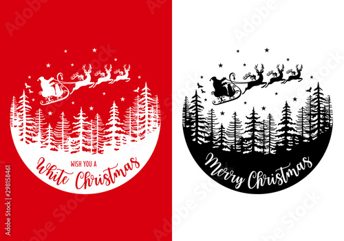 Santa Claus with his reindeer and sleight, vector Christmas card