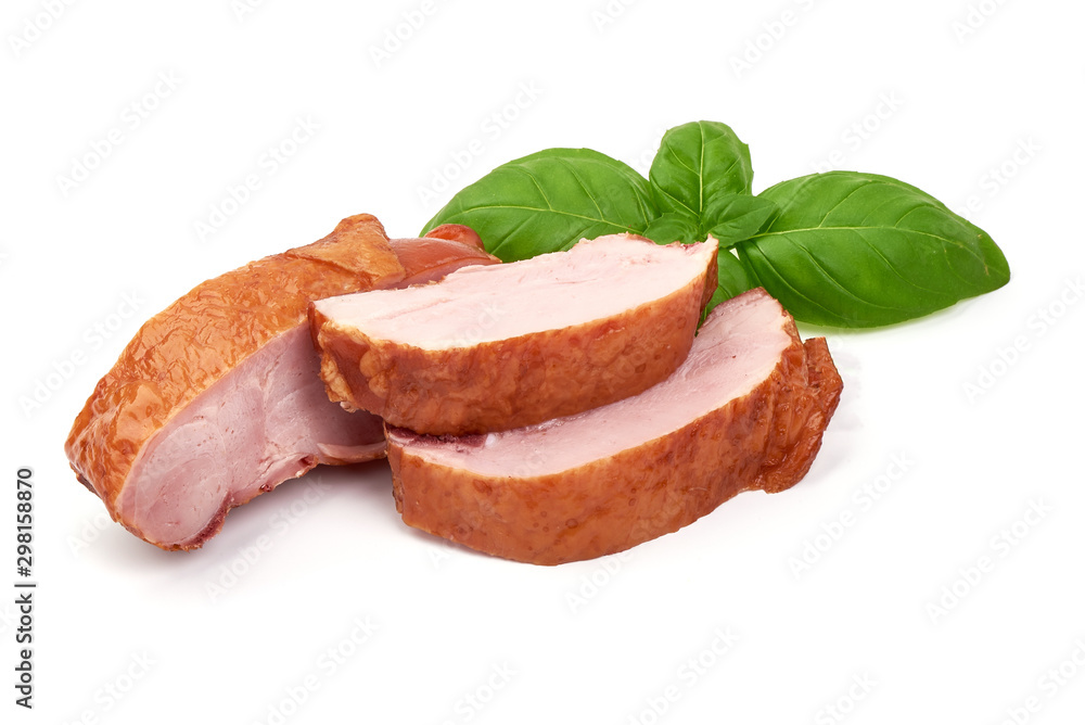 Sliced Smoked Chicken thighs, isolated on white background Sliced Smoked Chicken thighs, isolated on white background