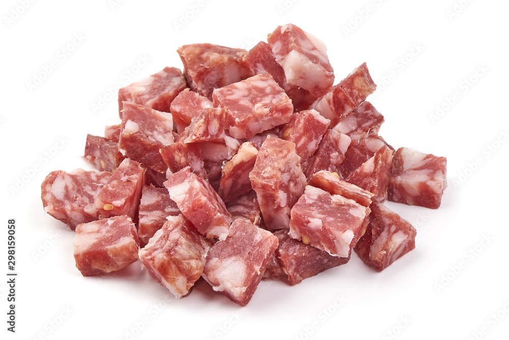Fototapeta premium Smoked sausage slices, cut by cubes, isolated on white background