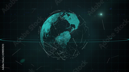Earth polygon mesh planet floating in dark space surrounded by abstract line particles.
