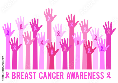 Hands with pink ribbon signs, breast cancer awareness, vector