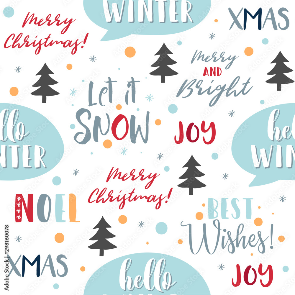 Obraz premium Merry Christmas seamless pattern background with calligraphy, lettering, snowflakes, christmas tree. Wrapping paper, textile, wallpaper design. Vector illustration. Eps 10