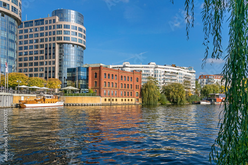 Photography River Spree, newly designed area Spree-Bogen with buildings of the business cent