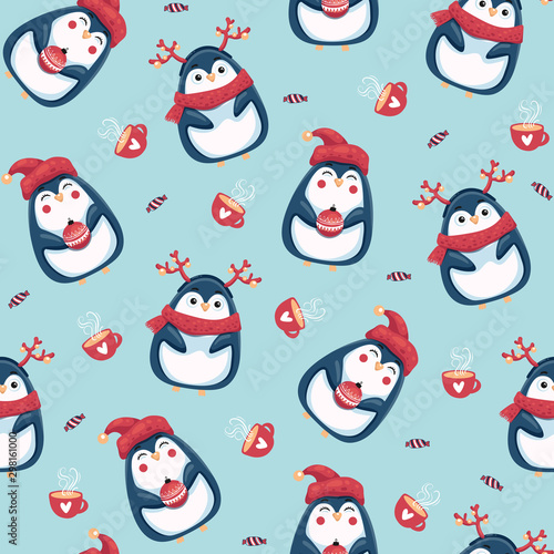 Fototapeta Naklejka Na Ścianę i Meble -  Merry Christmas seamless pattern with penguins on background, vector illustration