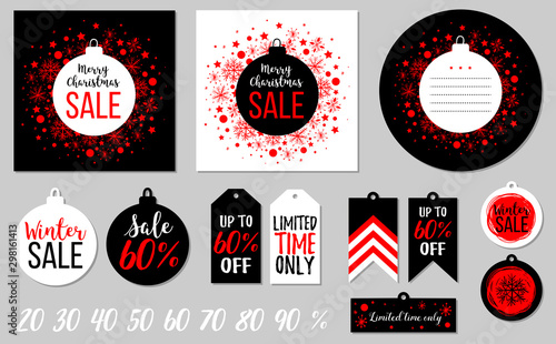 Abstract printable colorful tags collection for Christmas sale. Vector illustration. Set of cards and tags Merry Holidays sale