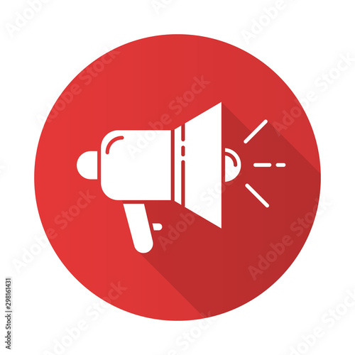 Promotional tools red flat design long shadow glyph icon. Megaphone. Informing customers. Advertising campaign. Marketing item. Loudspeaker, bullhorn. Propaganda symbol. Vector silhouette illustration