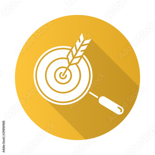 Choose niche yellow flat design long shadow glyph icon. Arrow hit target. Search and goal achievement. Customer attraction strategy. Target advertising. Vector silhouette illustration