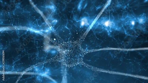 Abstract blue coloured neuron cell in the brain on artistic blurry cyber space background. Selective focus used. photo