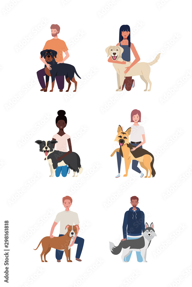 young people with cute dogs mascots characters