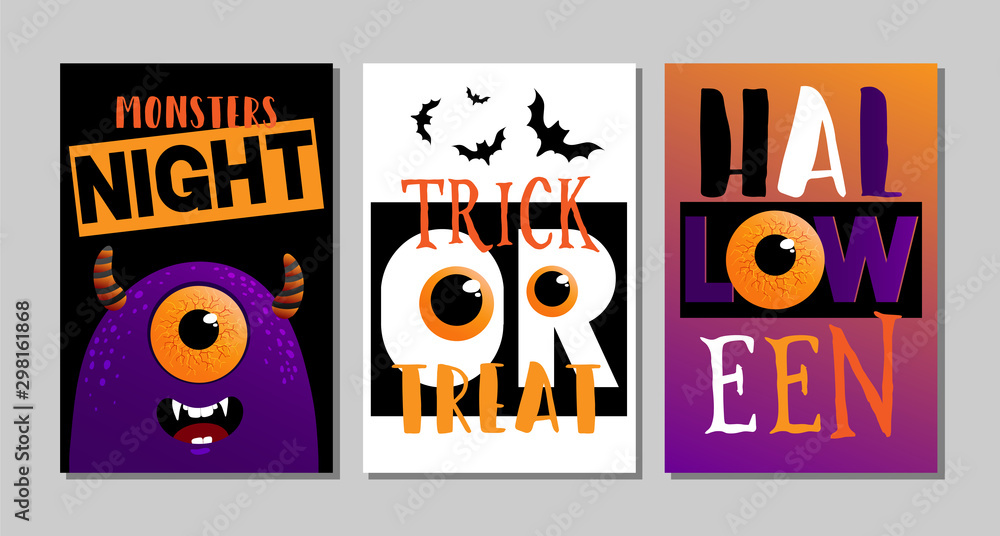 Vector illustrations with black monster. Halloween poster designs with symbols and calligraphy. Funny halloween cards set Vector illustrations with black monster. Halloween poster designs with symbols and calligraphy. Funny halloween cards set