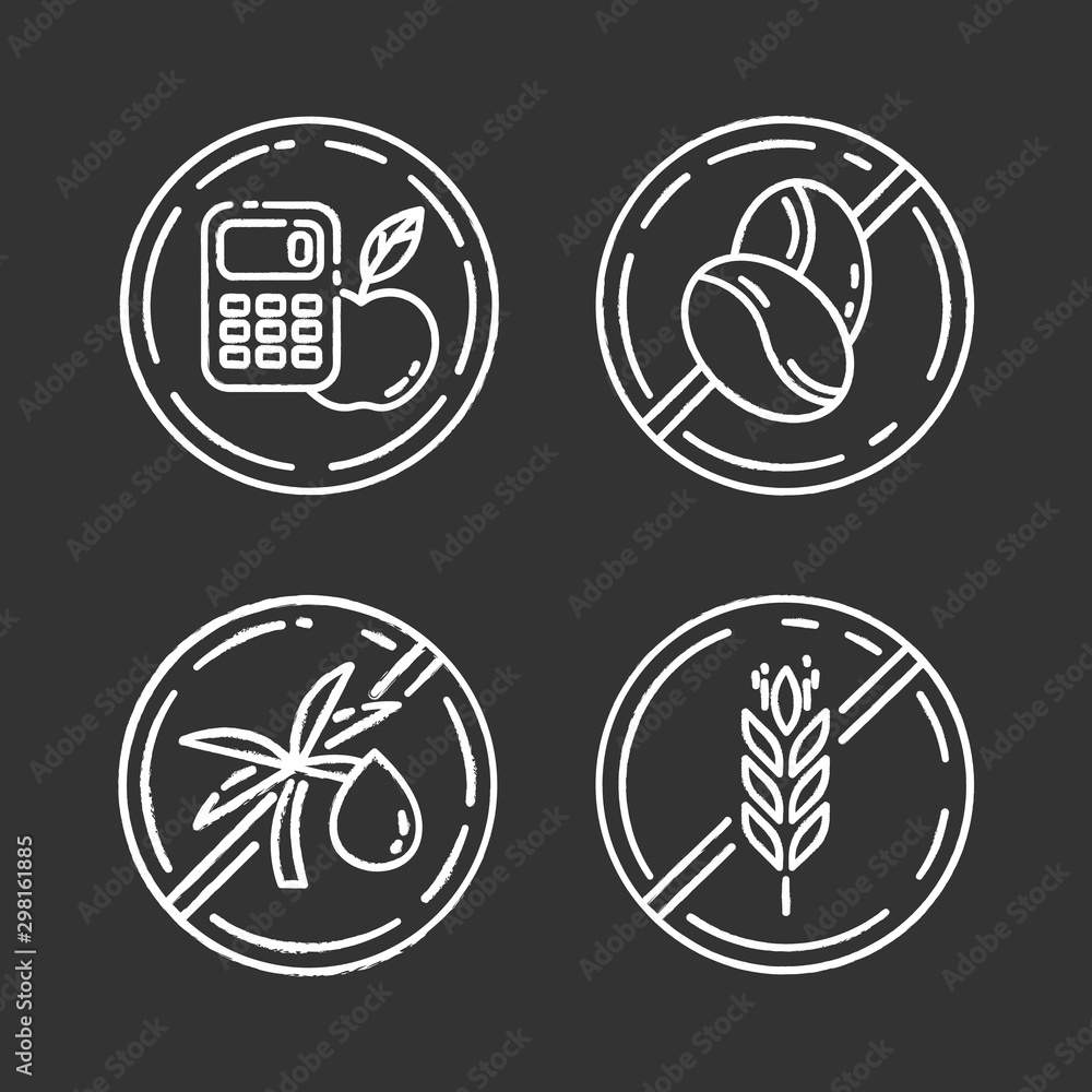 Product free ingredient chalk icons set. No calories, caffeine, palm oil, gluten. Organic food for weight loss. Healthy dietary without allergens. Balanced meals. Isolated vector chalkboard Product free ingredient chalk icons set. No calories, caffeine, palm oil, gluten. Organic food for weight loss. Healthy dietary without allergens. Balanced meals. Isolated vector chalkboard