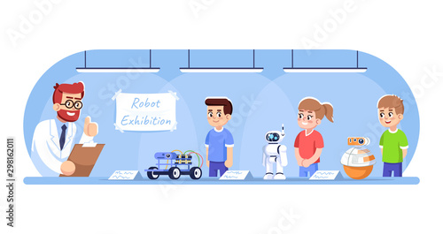 Children showing their robots on exhibition flat vector illustration. Robotics courses for kids. After school club. Boys and girls with droids, teacher approving cartoon characters