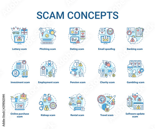 Scam concept icons set. Financial frauds. Illegal activities, phishing, cybercrimes. Criminal earnings. Dishonest scheme idea thin line illustrations. Vector isolated outline drawings. Editable stroke