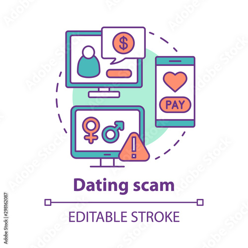 Dating scam concept icon. Love cheating, fraud. Feigning of romantic intentions. Mail order bride swindle idea thin line illustration. Vector isolated outline drawing. Editable stroke