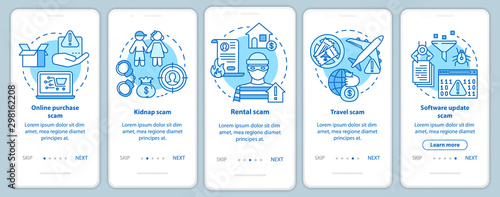 Scam types onboarding mobile app page screen with linear concepts. Online purchase and rental fraud. Five walkthrough steps graphic instructions. UX, UI, GUI vector template with illustrations