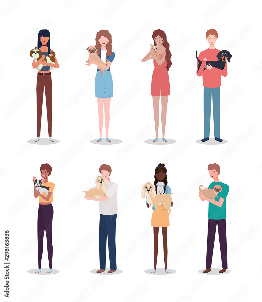 Fototapeta premium young people with cute dogs mascots characters