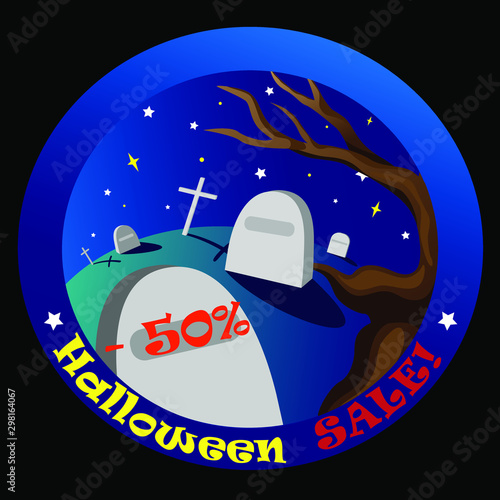 Vector advertisement of Halloween sale with cartoon cemetery at night. Halloween sale icon. 