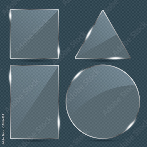 Vector trendy transparent glass banner shape plates set with a place for inscriptions in transparent background.