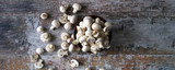 Fresh champignon mushrooms in a bowl. Raw mushrooms. Selective focus. Macro.