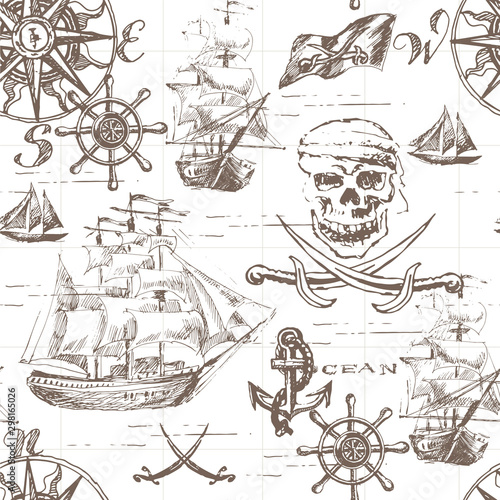Vector abstract seamless background on the theme of travel, adventure and discovery. Old hand drawn map with vintage sailing yachts, wind rose, routs, nautical symbols and handwritten inscriptions