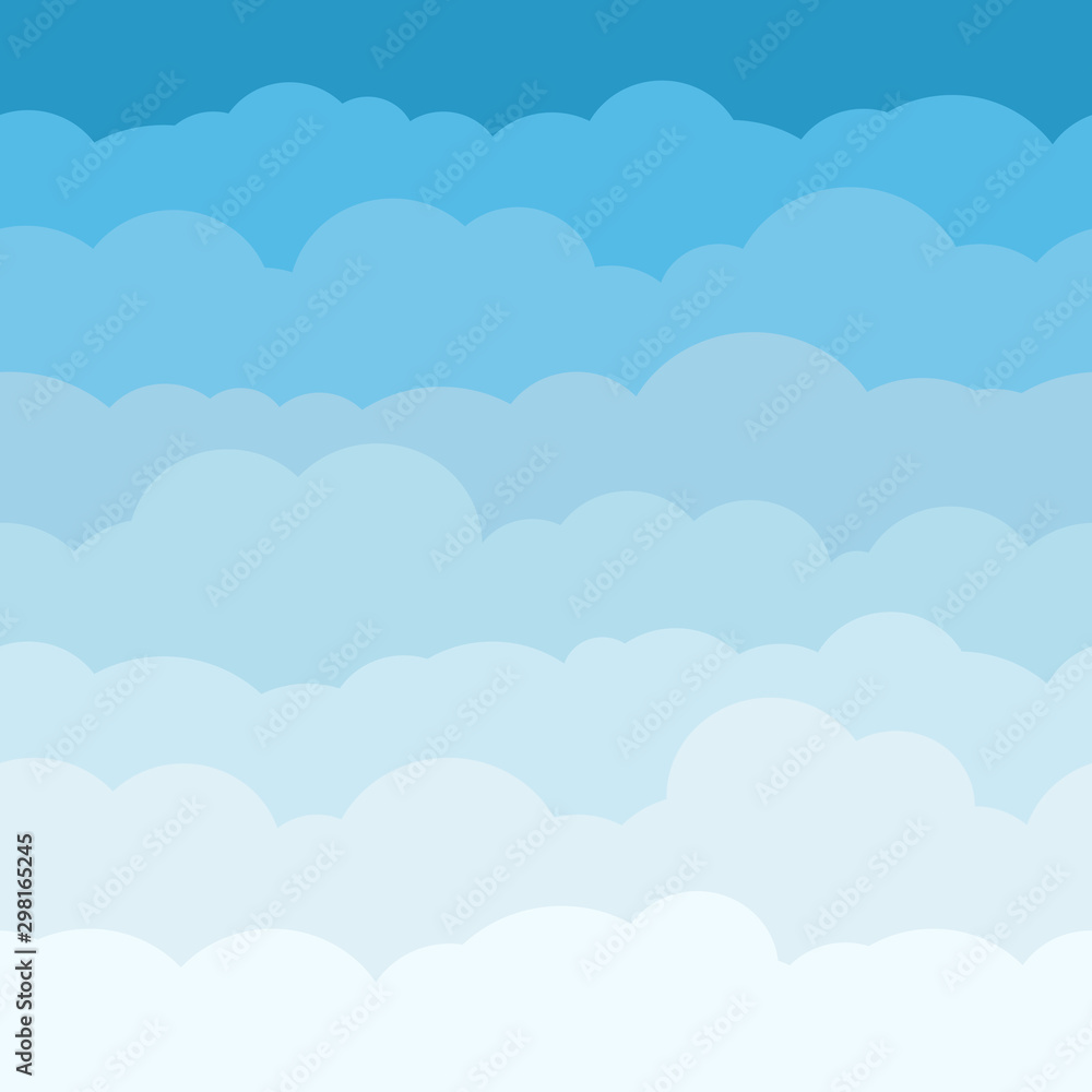 Cloud sky cartoon background. Blue sky with white clouds flat poster or flyer, cloudscape panorama pattern vector. Seamless colored abstract fluffy texture