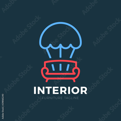 Interior sofa and parachute furniture business sign vector template for delivery or logistic furniture store, home decor boutique design template. vector illustration